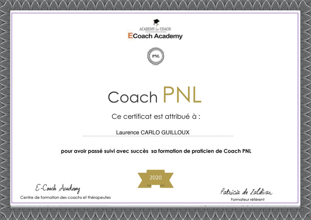 Certificat Coach PNL attribué à Laurence Carlo Guilloux par ECoach Academy en 2020.