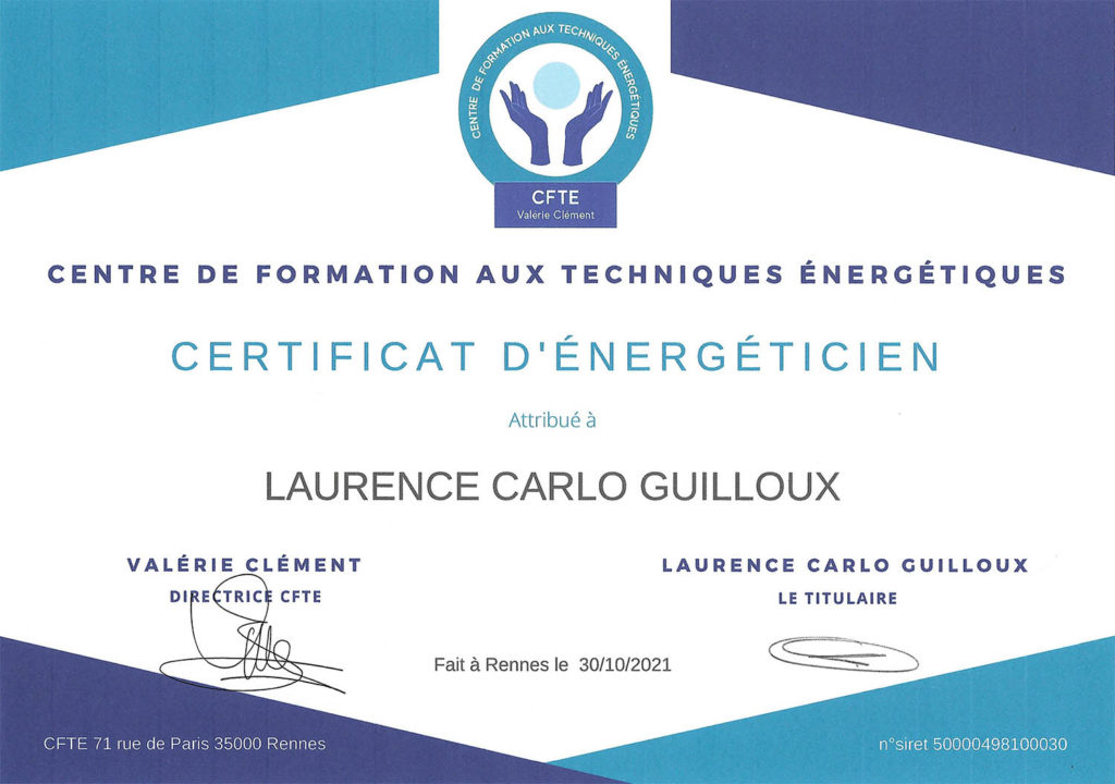 Certificat d’énergéticien attribué à Laurence Carlo Guilloux par le Centre de formation aux techniques énergétiques.