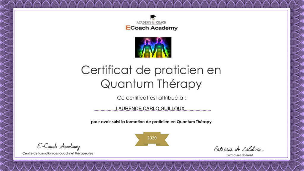 Certificat de suivi de formation en Quantum Thérapy attribué à Laurence Carlo Guilloux en 2020.