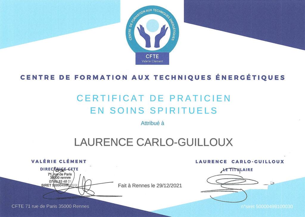 Certificat de praticien en soins spirituels attribué à Laurence Carlo Guilloux par le Centre de formation aux techniques énergétiques.
