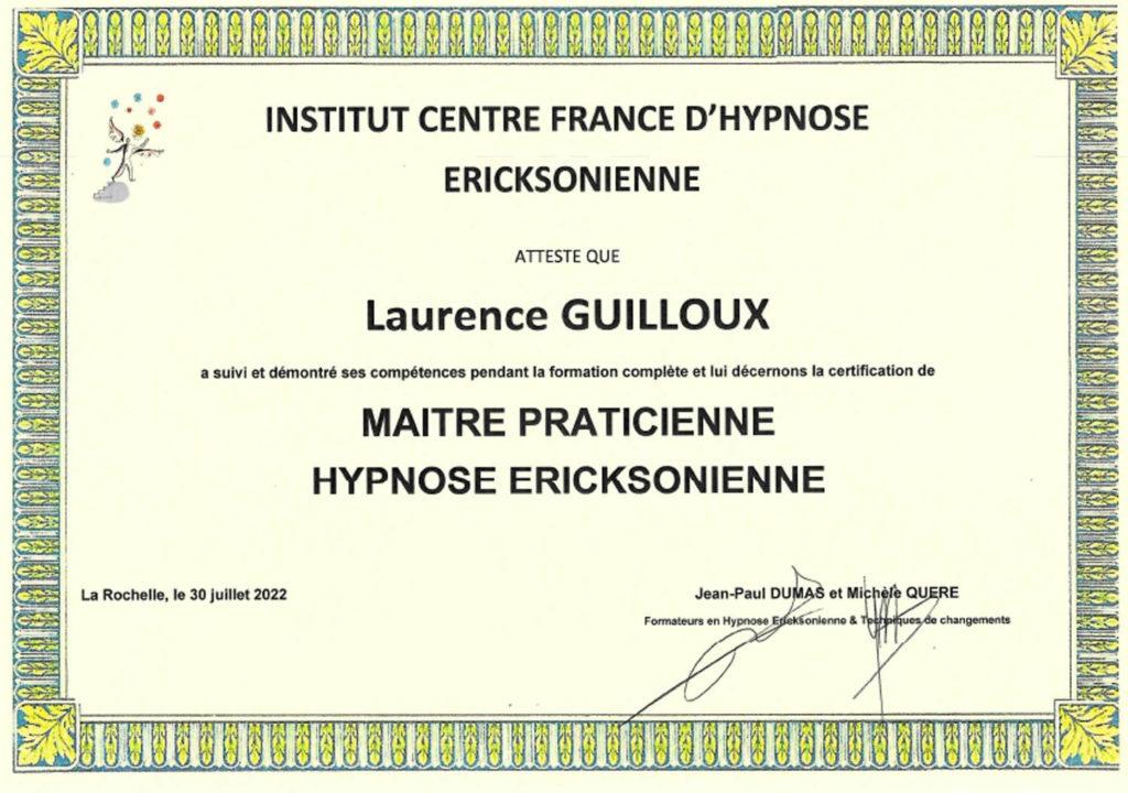 Certificat de maître praticienne en hypnose ericksonienne délivré à Laurence Guilloux.