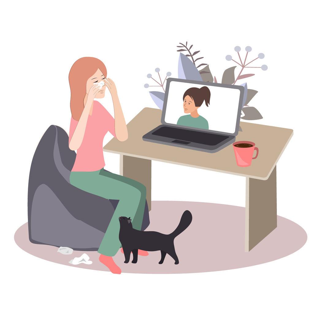 Femme en conversation en visio, symbolisant un accompagnement en ligne pour la dépression. Cette image illustre l'importance des échanges virtuels comme moyen de soutien émotionnel et thérapeutique pour les personnes traversant des moments difficiles