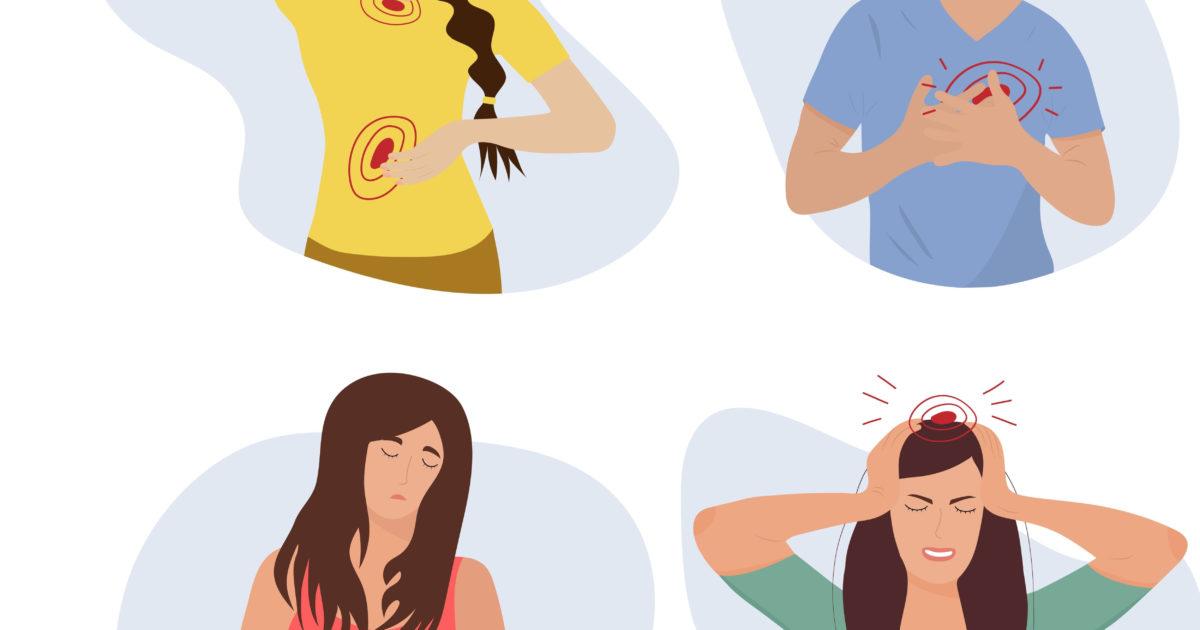 Illustration représentant différentes formes de douleurs physiques et émotionnelles, avec des éléments symbolisant des approches thérapeutiques telle que l'hypno-antalgie pour soulager ces douleurs."