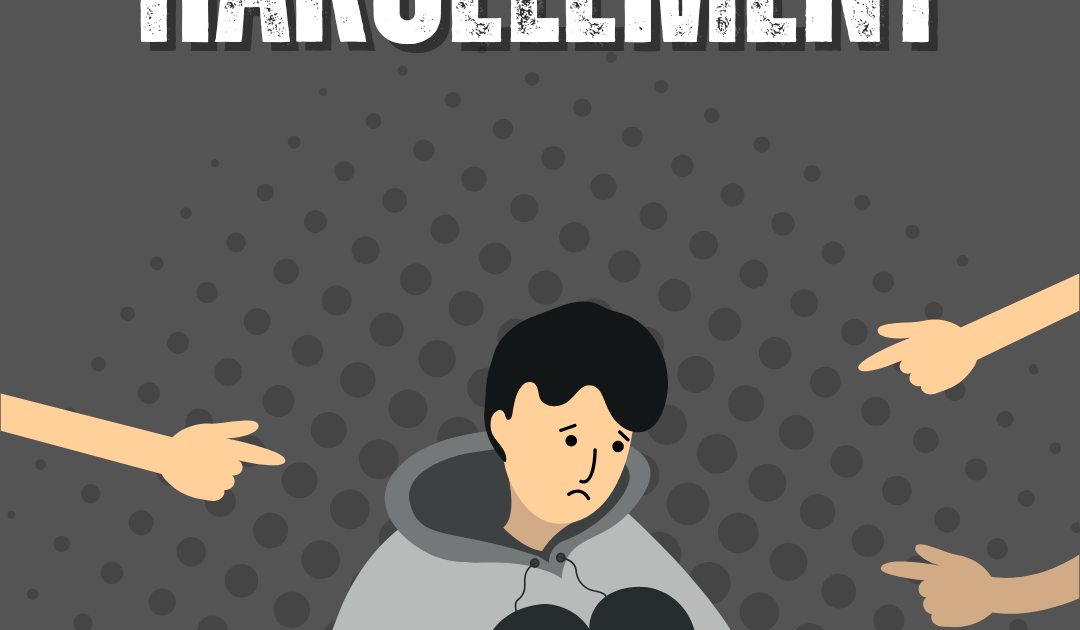 une personne confrontée au harcèlement, entourée de mots blessants ou d’ombres représentant la pression sociale, la critique ou l’intimidation