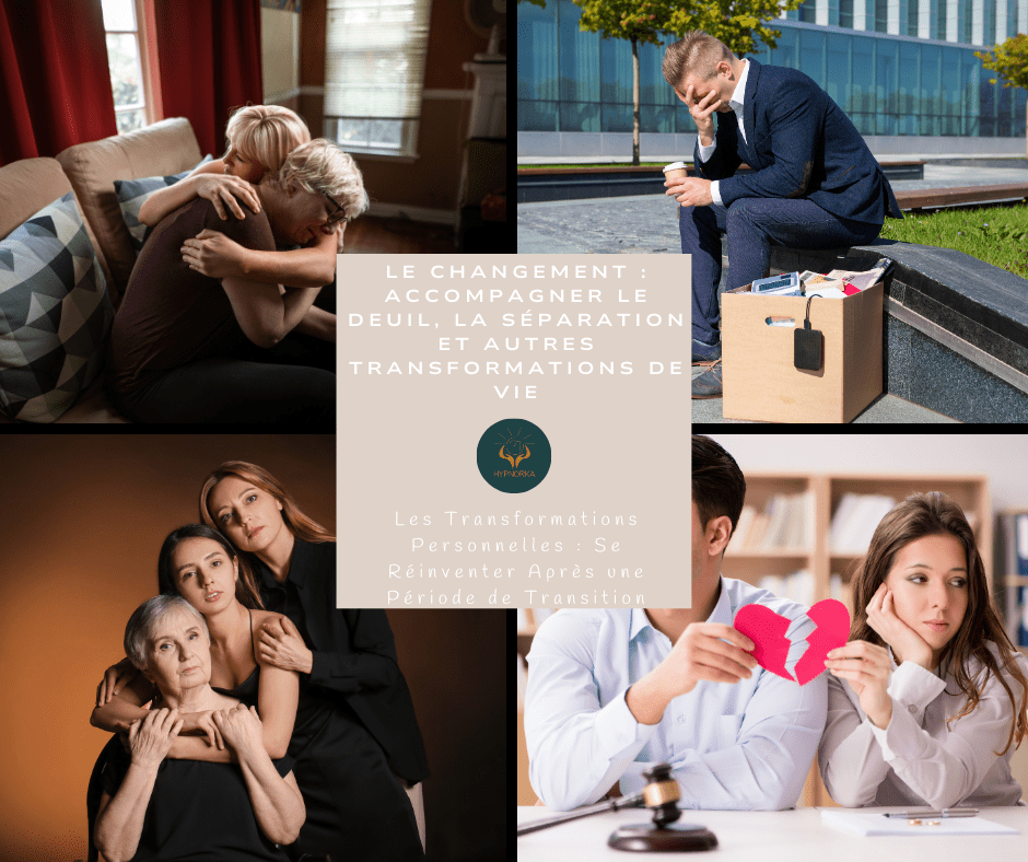 plusieurs photos symboliques de changement de vie . Chaque image représente une étape du parcours de guérison et de transformation personnelle.