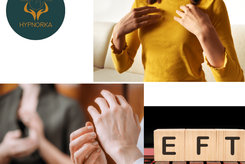 mage d’une personne pratiquant l'EFT (Emotional Freedom Techniques) en effectuant des tapotements sur des points spécifiques du corps pour libérer les émotions négatives.