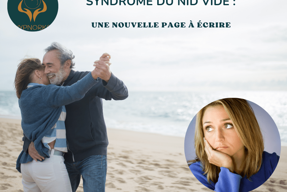 Un couple d’âge mûr danse joyeusement sur une plage, symbolisant une nouvelle liberté après le départ des enfants. En vignette, une femme seule, pensive, illustrant le sentiment de vide ressenti lors de cette transition de vie.