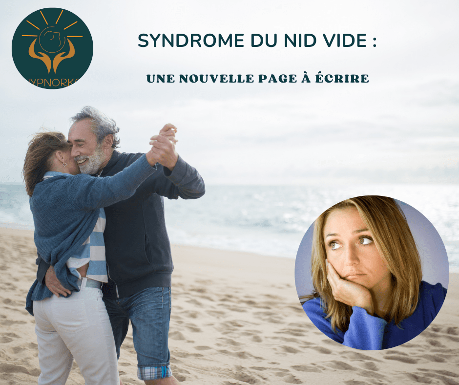 Un couple d’âge mûr danse joyeusement sur une plage, symbolisant une nouvelle liberté après le départ des enfants. En vignette, une femme seule, pensive, illustrant le sentiment de vide ressenti lors de cette transition de vie.