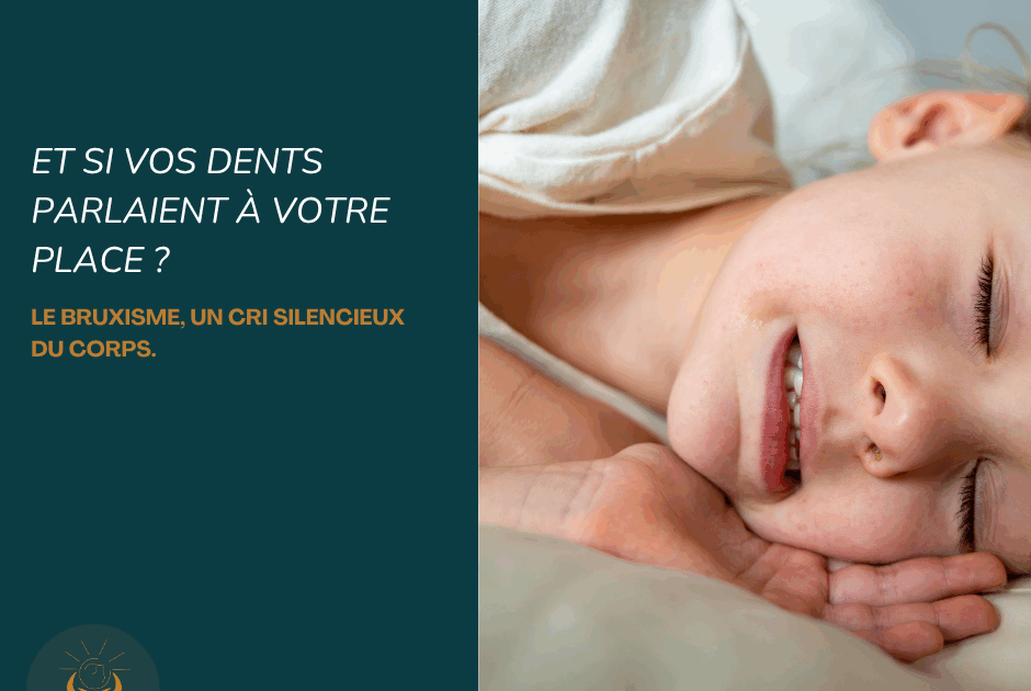 visage crispé vu de profil, les dents serrées avec des signes de tension autour des mâchoires. En arrière-plan, un nuage sombre symbolise le stress.