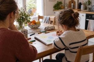 Un enfant dessine des émotions dans un carnet à la maison, près d’un parent.