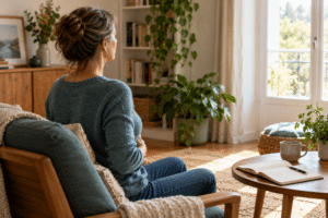 Une femme pratique un exercice de respiration chez elle, avec un carnet à proximité.