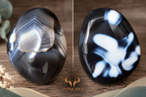 Deux faces de la pierre Orca à l’origine de l’histoire du cabinet HypnOrka à Yffiniac