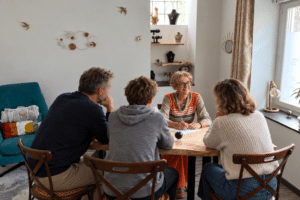 un adolescent et ses deux parents échangent avec Laurence Carlo Guilloux.