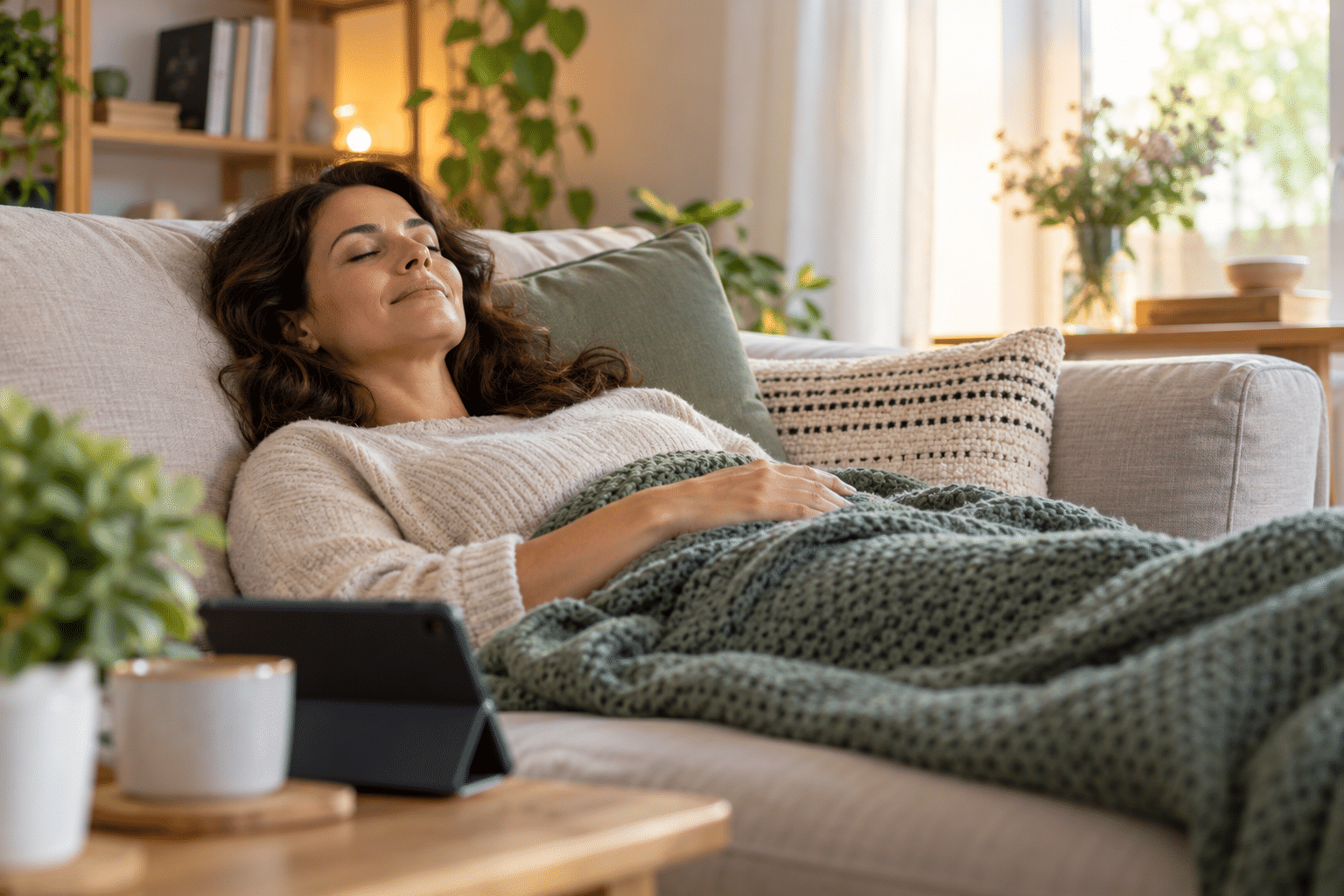 Femme allongée confortablement chez elle, dans une ambiance calme, illustrant une séance d'hypnosee à distance.