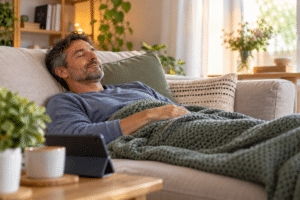 Homme allongé confortablement chez lui, dans une ambiance calme, illustrant un soin énergétique à distance.